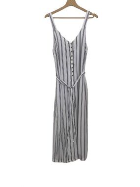 American Eagle Striped Button-Front Jumpsuit Tie-Waist Lined White Black Medium